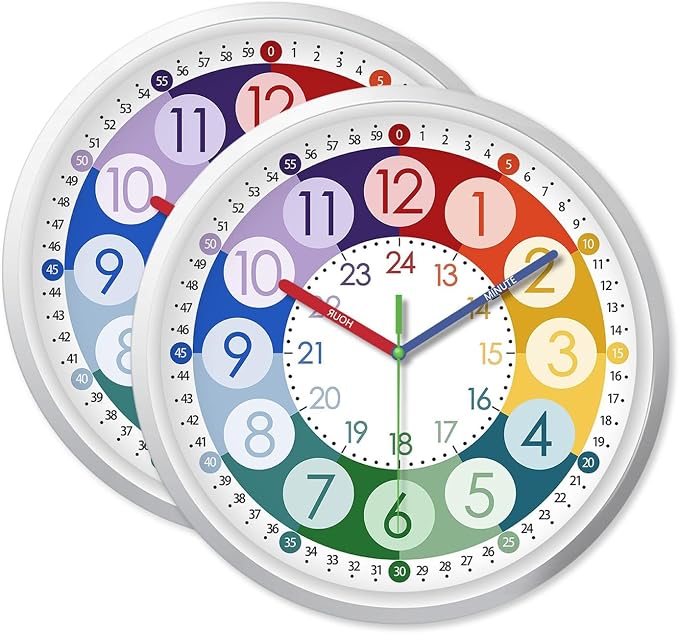 XFM 2 Pieces Learning Clock for Kids 8 Inch Silent Wall Clocks Battery Operated - Image 6