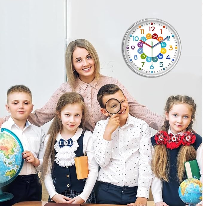 XFM Silent Kids Wall Clock 8 Inch Non Ticking Battery Operated Kids Teaching - Image 4
