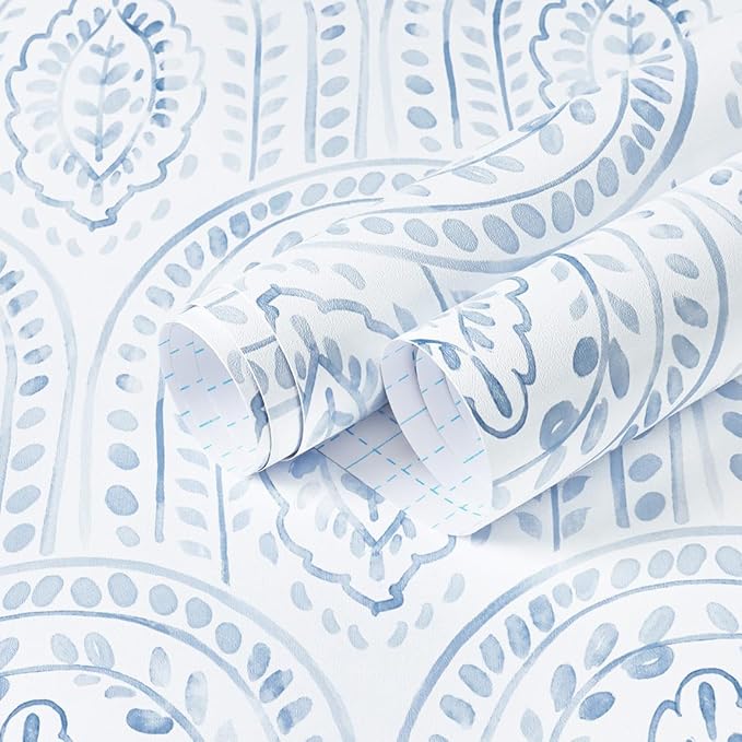 EeeComing Blue Peel and Stick Wallpaper Boho Wall Paper Peel and Stick Modern by EeeComing
