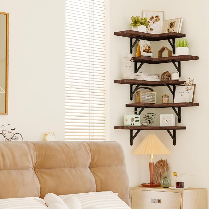 Fixwal Floating Shelves for Wall Set of 5, Rustic Wood Wall Mounted Corner - Image 6
