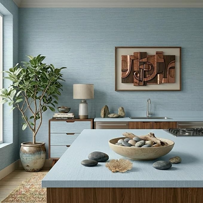 FUKU MON Light Blue Grasscloth Wallpaper Peel and Stick 24" x 394" Thickened - Image 2