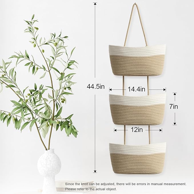 TeoKJ Over the Door Hanging Basket, 3-Tier Woven Cotton Wall-Mounted Storage - Image 3