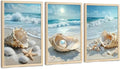 SYWENNOI 3 Piece Wood Framed Beach Wall Art, Sandy Shore, Pearl in Shell by SYWENNOICanvasWallArt