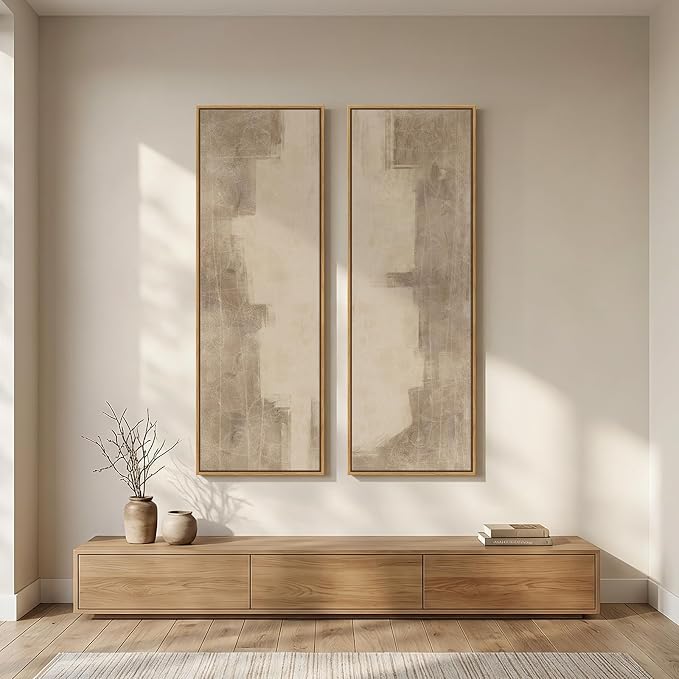 Long Narrow Framed Neutral Abstract Vertical Wall Art Set of 2, Oversized - Image 5
