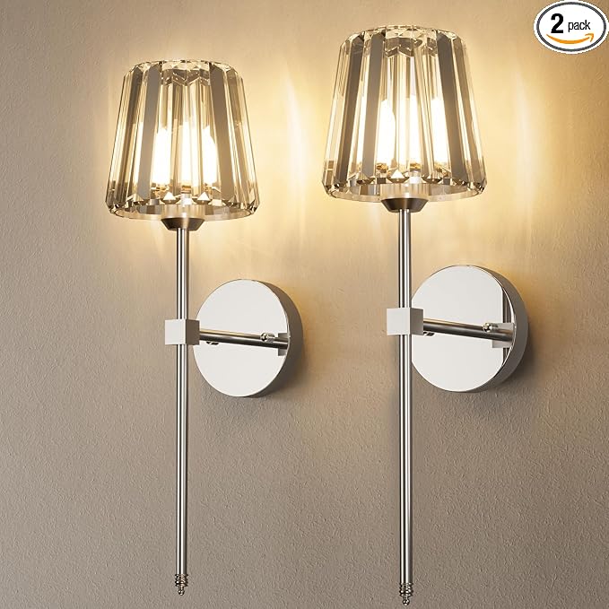 Crystal Battery Operated Wall Sconces Set of 2, Chrome Rechargeable Wireless by LJUJAM