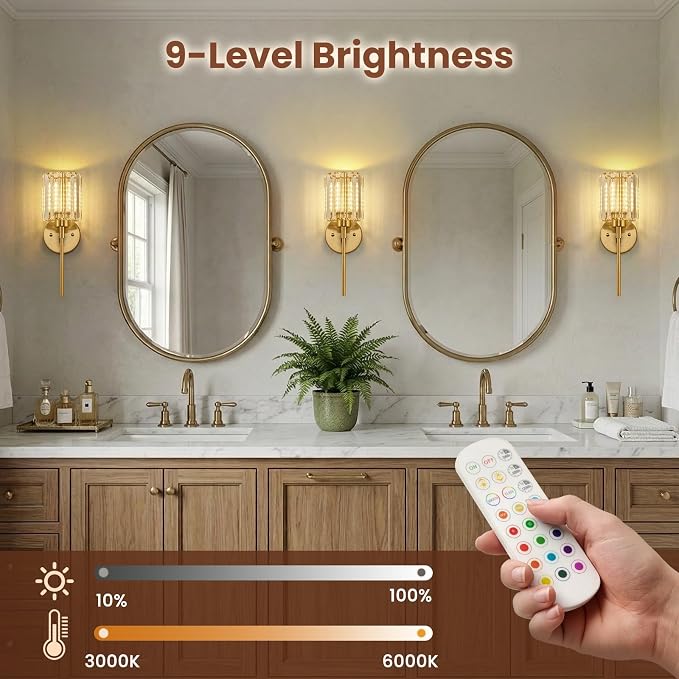 Crystal Battery Operated Wall Sconces, Brushed Gold Rechargeable Wireless Wall - Image 6