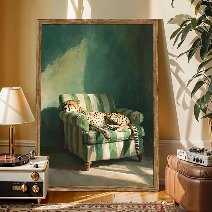 Framed Funny Leopard Canvas Wall Art, Vintage Sleeping Cheetah on Sofa Pictures - Image 2