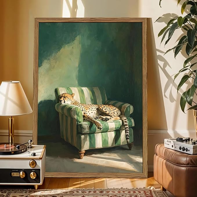Framed Funny Leopard Canvas Wall Art, Vintage Sleeping Cheetah on Sofa Pictures - Image 2