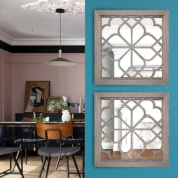 Wocred Set of 2 Farmhouse Square True Mirrors, Vintage Style Barn Wood Wall - Image 3