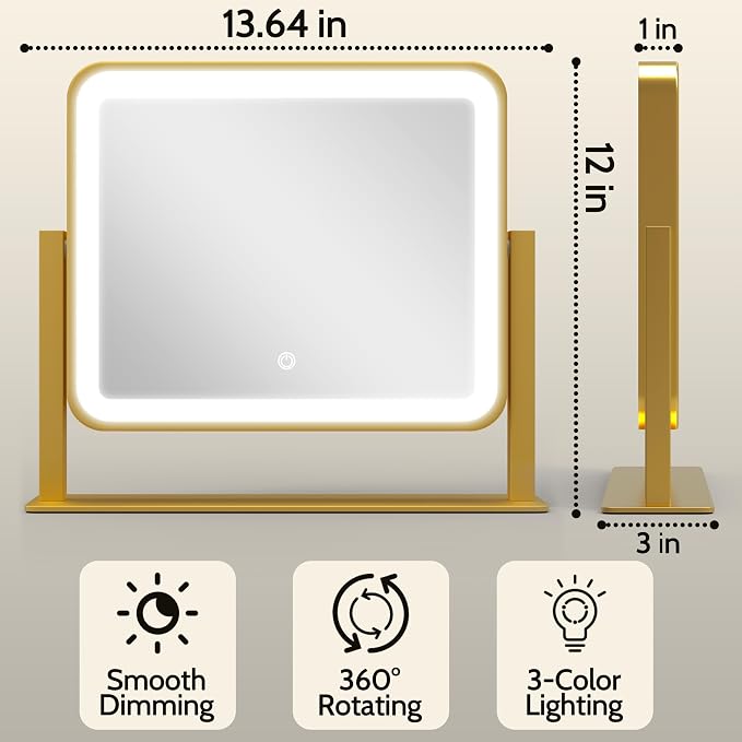 ROLOVE Gold Lighted Makeup Mirror, 3-Color Dimmable Lighting, 360° Rotation - Image 2