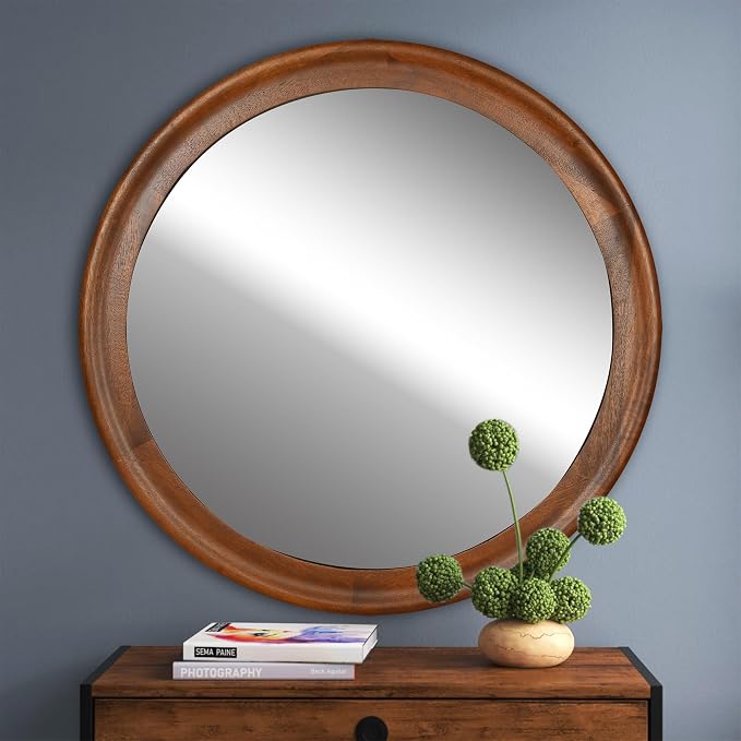 CULER Round Wall Mirrors 30 Inch, Wood Rustic Decorative Transitional Mirror - Image 6