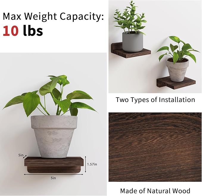 Fixwal Small Shelf for Wall, 5X5 Inches Floating Shelves Set of 4, Rustic Wood - Image 4