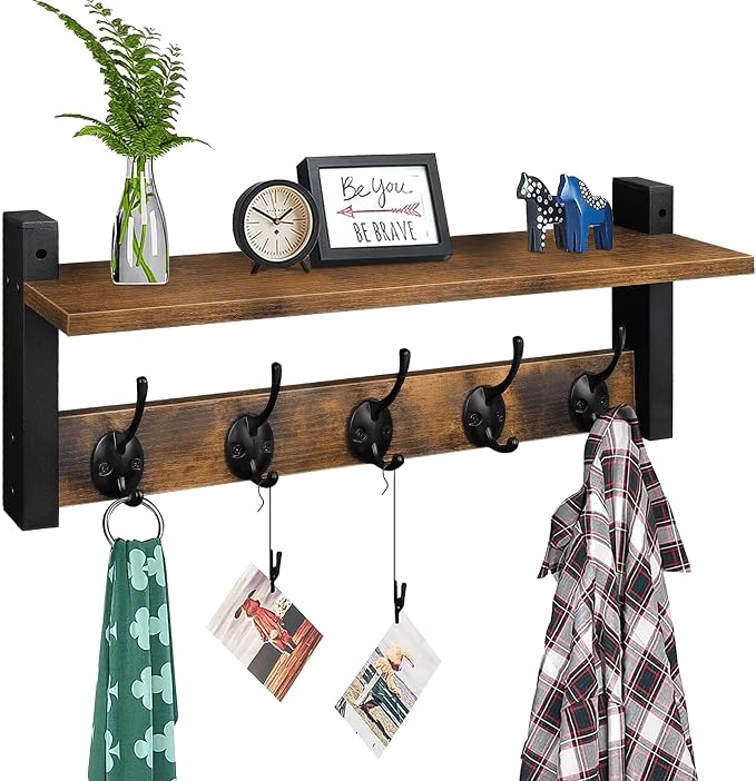Homode Wall Hooks with Shelf, Wood Coat Rack with Shelf Wall-Mounted, Entryway by Homode