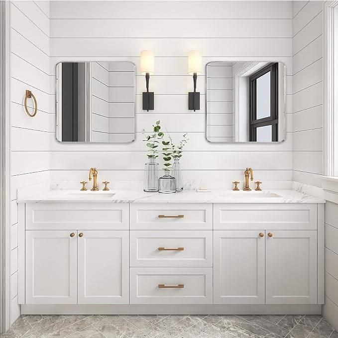 Wall Mount Mirror for Bathroom, Brush Silver Metal Framed Rounded Corner Square - Image 3