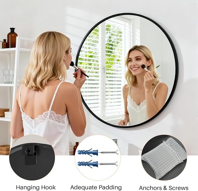 Bathroom Mirror for Wall, 30 Inch Round Mirror, Matte Black Metal Framed Circle - Image 6