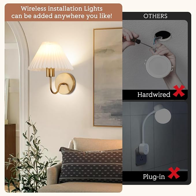 Wireless Wall Sconce Sets of 2, Pleated Shades Rechargeable Battery Operated - Image 8