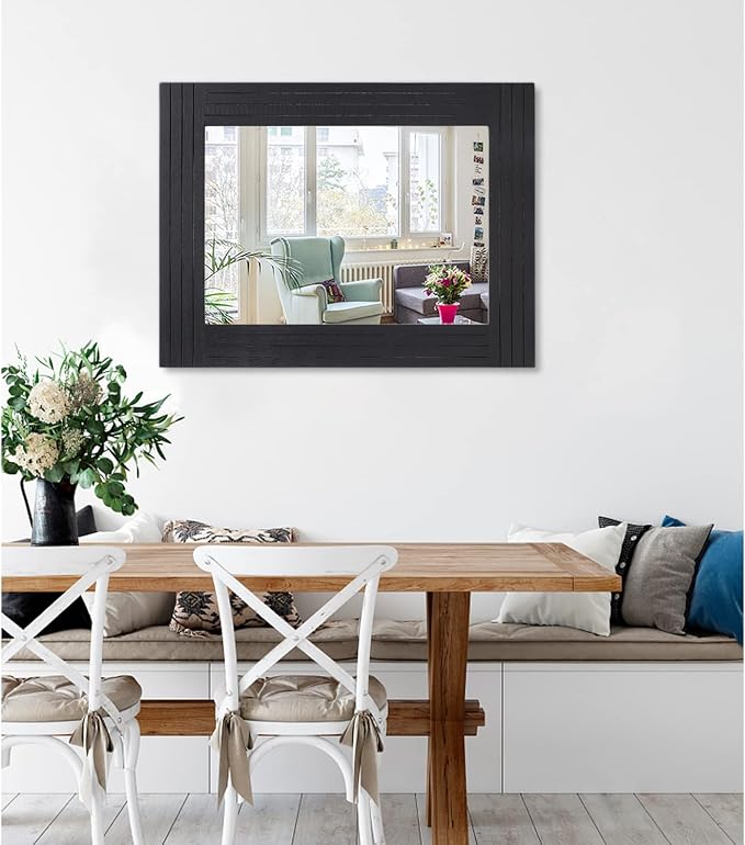 Black Rectangular Vintage Rustic Wood Framed Large Mirror - Image 2