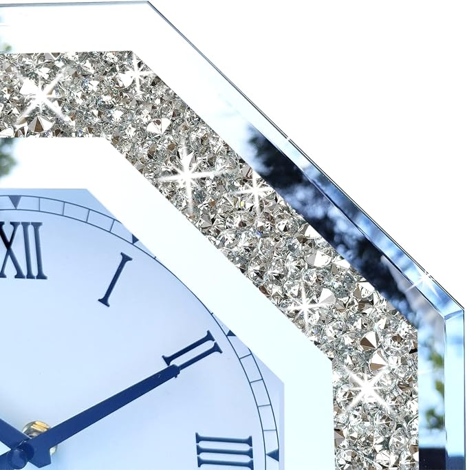 Wall Clock, Octagon Mirror Glass Clock, Cute Diamond 12-inch Non-Ticking Clock - Image 4