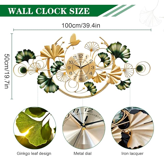 Big Wall Clock, Unique Ginkgo Leaf Decorative Wall Clocks, Luxury Metal Gold - Image 2