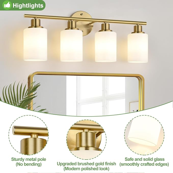 Zarbitta 4-Light Bathroom Light Fixtures, Brushed Gold Modern Vanity Lights - Image 5