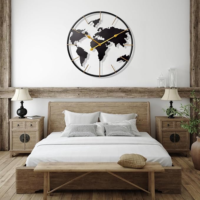 Large World Map Wall Clock, Metal Minimalist Modern Clock, Round Silent - Image 4