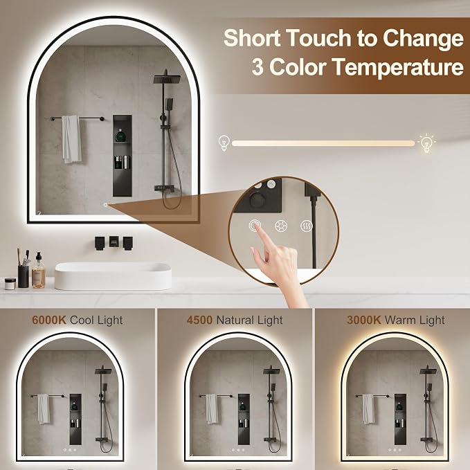 Arched LED Mirror for Bathroom 30"x36", 3 Color Changing, Shatterproof - Image 5