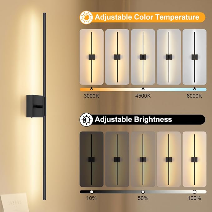 Battery Operated Wall Sconce, 3000K-6000K Dimmable Black Wall Lights - Image 2