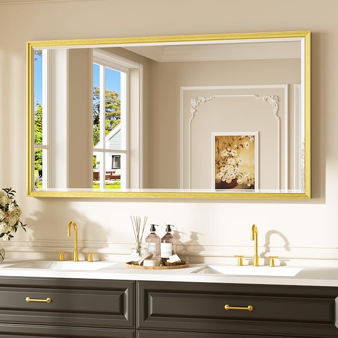 Keonjinn 55" x 30" Gold Bathroom Mirror, Brushed Gold Metal Framed Mirrors by Keonjinn