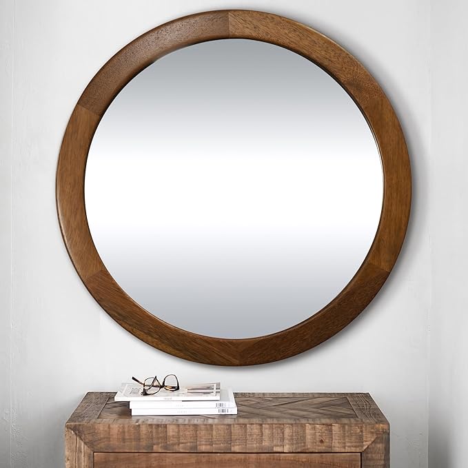 CULER Round Mirror 36 Inch, Wood Rustic Bathroom Tempered Wall Mirror by Culer