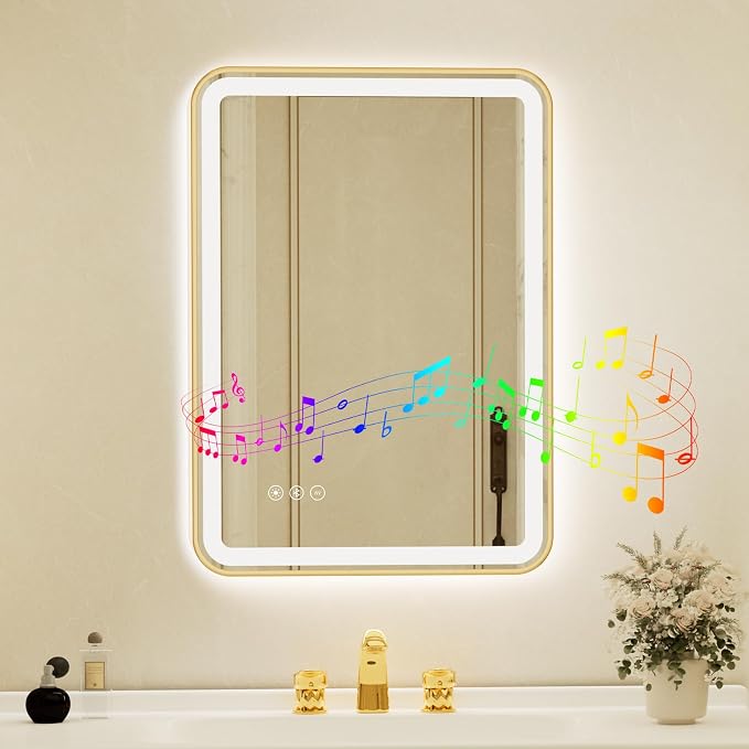 20x28 Inch Gold Framed LED Bathroom Mirror by Unknown