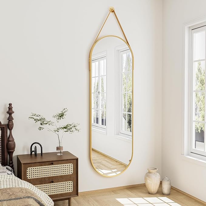 48"x16" Hanging Mirror with Leather Strap, Oval Full Length Mirror with by TinyTimes