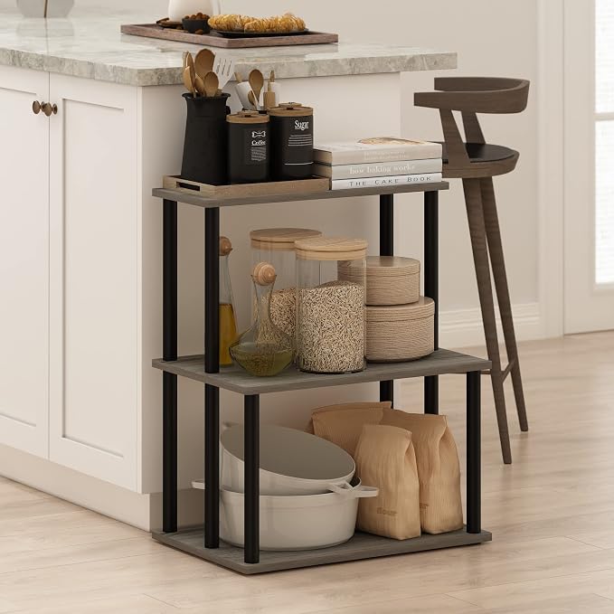 Furinno Turn-N-Tube 3-Tier Toolless Kitchen Storage Shelf, French Oak Grey/Black - Image 2