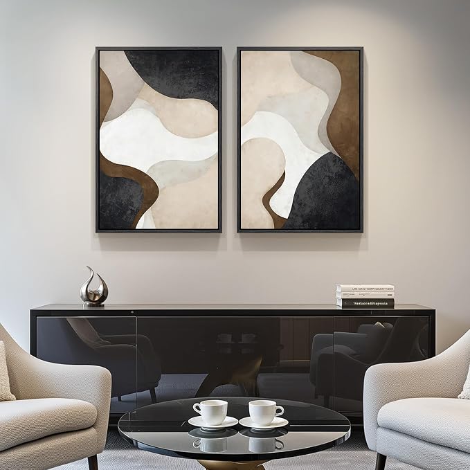 Framed Neutral Abstract Minimalist Wall Art Set of 2, Modern Canvas Prints - Image 4
