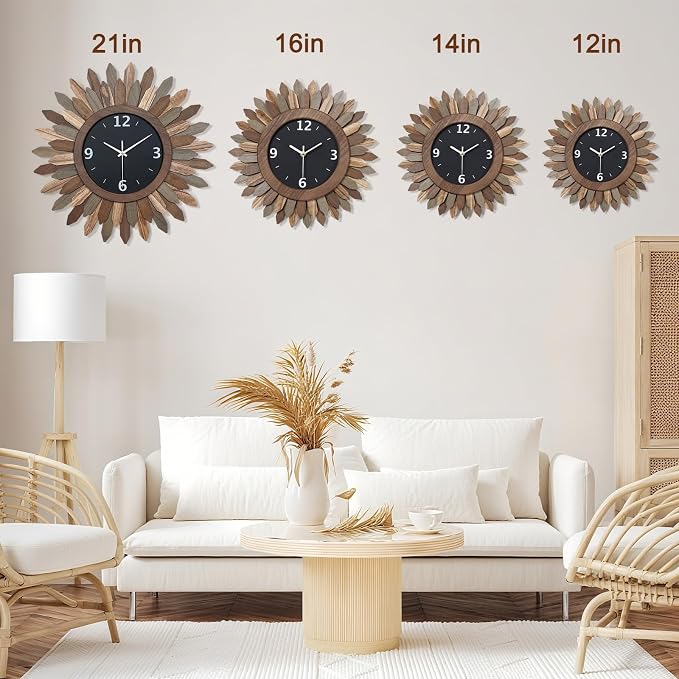 Honiway 16 Inch Wall Clocks, Rustic Wood Boho Sunburst Decorative Wall Clock - Image 4