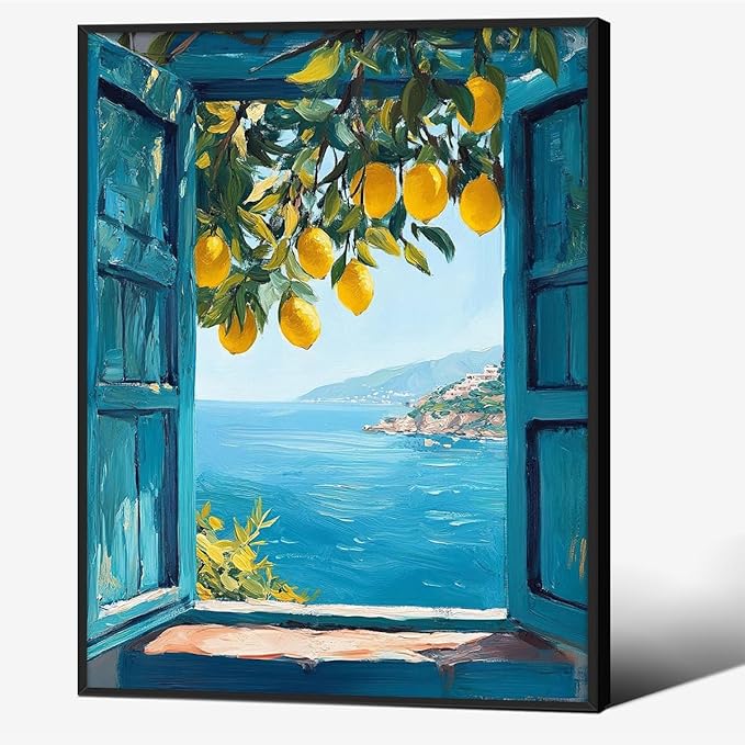Black Framed Canvas Wall Art Posters Mediterranean Window View Coastal Lemon by PDFI