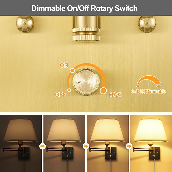 TRLIFE Dimmable Wall Sconce Plug in, Brushed Brass Wall Sconces Set of 2 Swing - Image 2