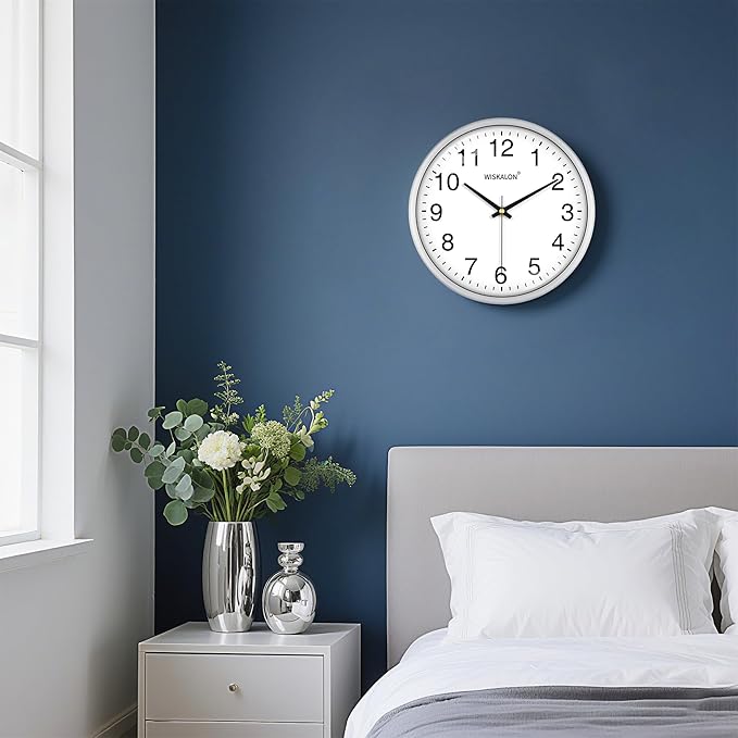 WISKALON 10 Inch Wall Clock, Silent Non-Ticking Round Silver Frame Clock - Image 7