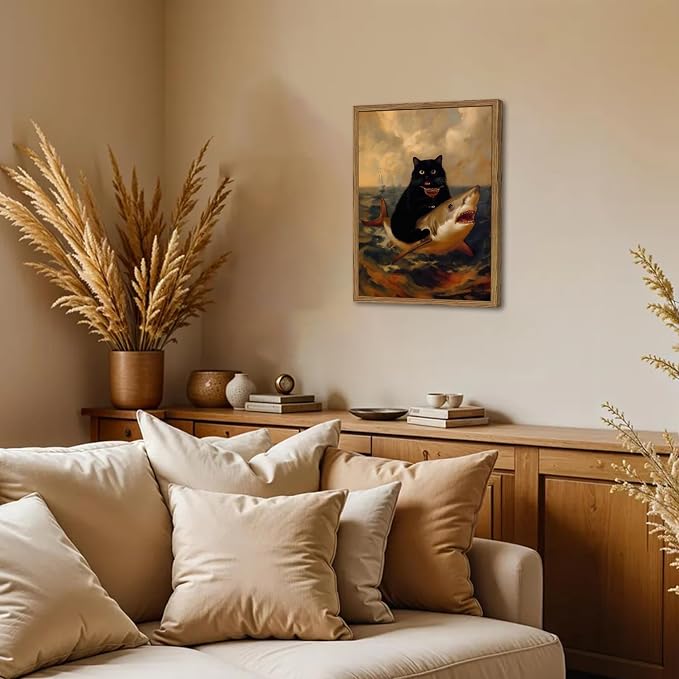 Funny Black Cat Wall Art Whimsical Cat Riding a Shark Wall Decor Picture Unique - Image 6