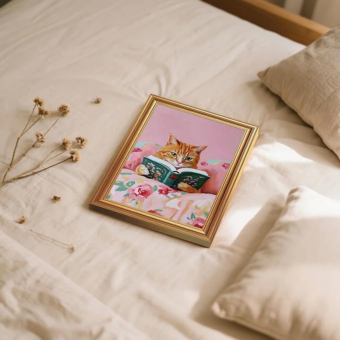 Fantasy Artists Gold Framed Wall Art Prints, Cute Orange Cat Reading a Green - Image 2