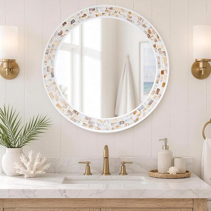 Tanmicoshomy Round Wall Mirror 30 Inch, Natural Brown Shell Framed Circle - Image 4