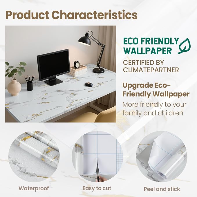 practicalWs Glossy Marble Wallpaper Peel and Stick White/Gold Granite Contact - Image 2