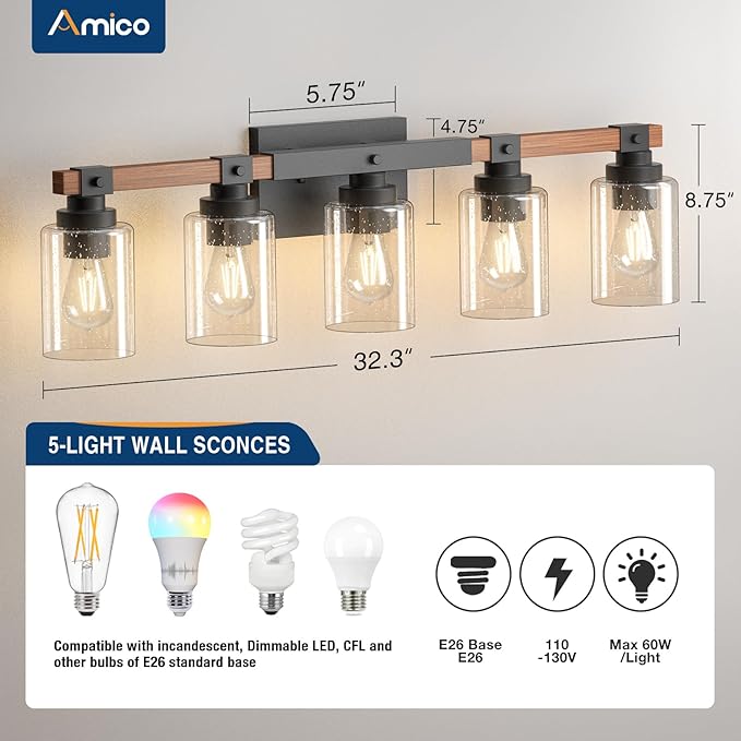 Amico Farmhouse Vanity Light Fixtures, Rustic 5-Light Industrial Painted Wood - Image 5