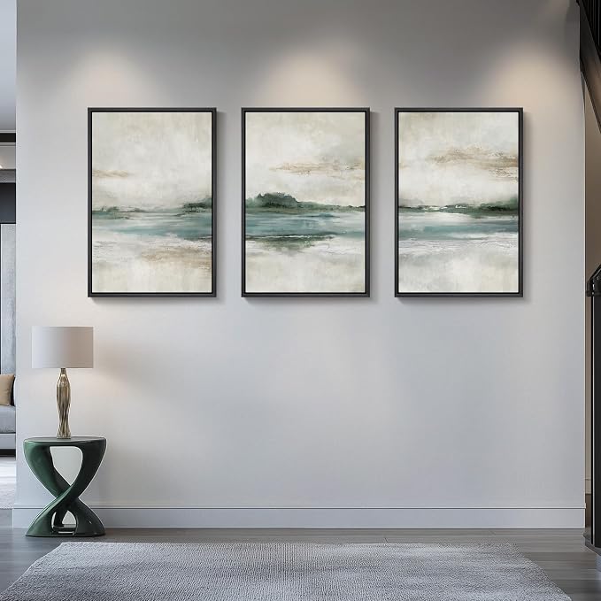 Framed Abstract Landscape Wall Art, Soft Blue and Green Nature Pictures - Image 2