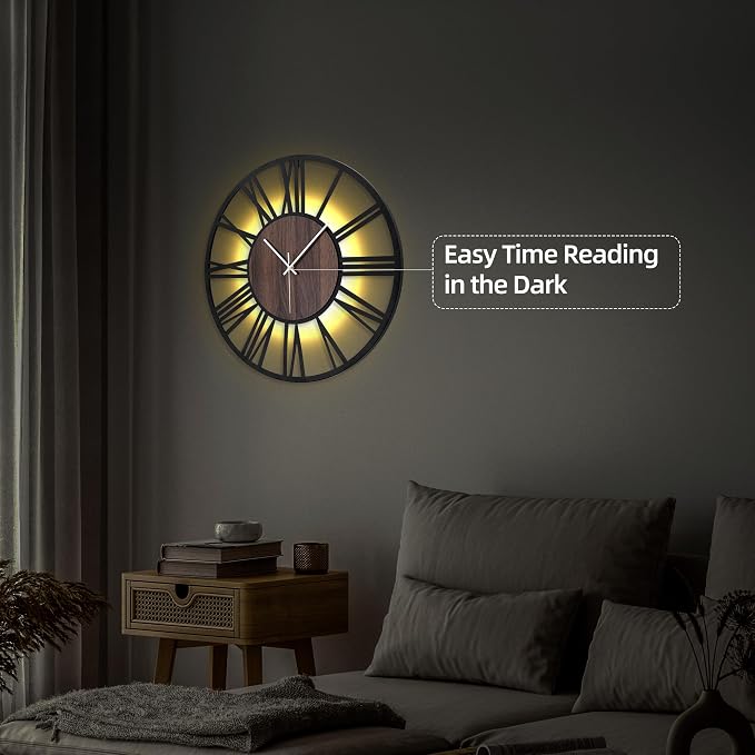 24'' Silent Wall Clock with Night Light, Glow in The Dark Decorative Wall Clock - Image 5