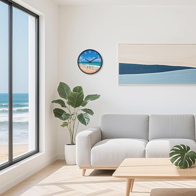 12" Silent Non-Ticking Modern Coastal Beach Wall Clock, Battery Operated Analog - Image 5