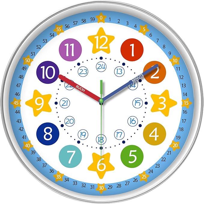 XFM Blue Kids Wall Clock for Boys Bedroom 10 Inch Silent Colorful Teaching Time by XFMWallClock