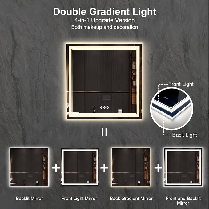 LED Mirror for Bathroom, 36x36 Inch, 3 Colors Dimmable CRI>90 Double Lights - Image 4