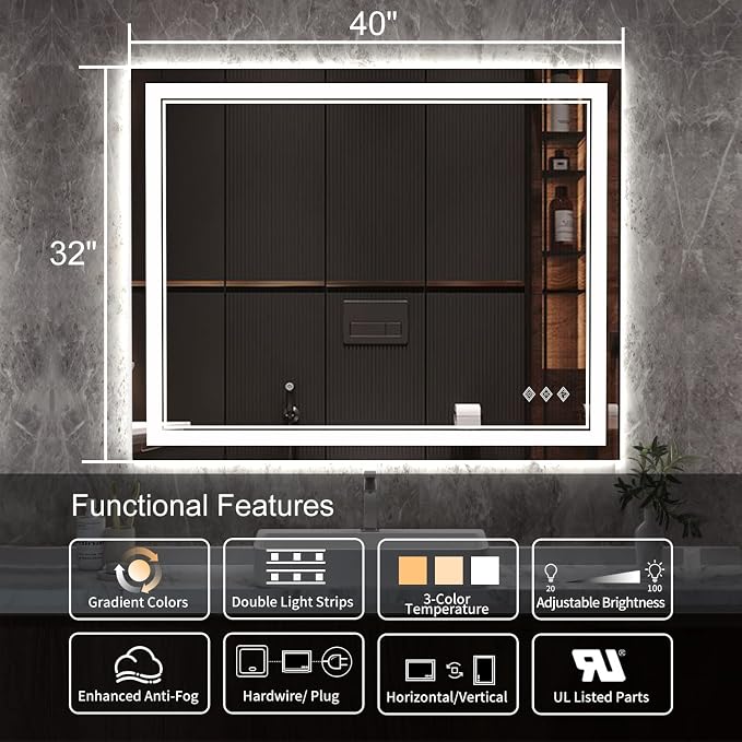 LED Bathroom Mirror, 40x32 Inch Gradient Front and Backlight Bathroom Vanity - Image 2