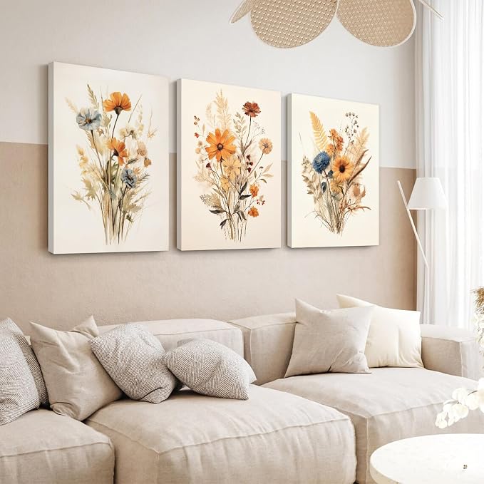 Botanical Floral Wall Art Set of 3 Vintage Wildflower Canvas Wall Decor - Image 5