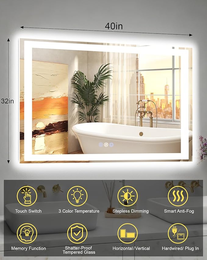 40x32 LED Bathroom Mirror with Lights, Super Bright Front & Backlit Vanity - Image 6